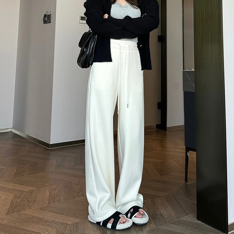 米白色阔腿裤女2024冬季加绒宽松休闲加厚高腰慵懒风直筒拖地裤