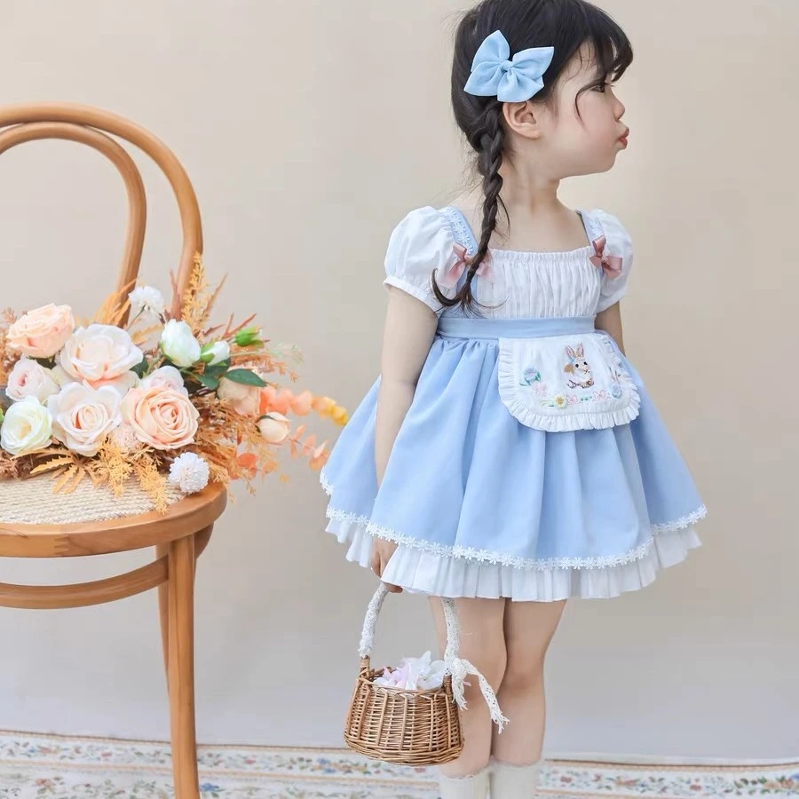 BabyQ Lovely【蓝白兔】女童短蓬连衣裙短裤两件套夏季清爽泡泡袖