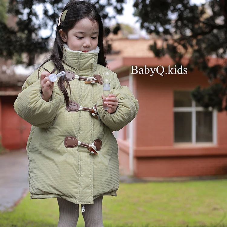 BabyQ Lovely学院风牛角扣羽绒服90白鸭绒原创设计冬款可爱外套