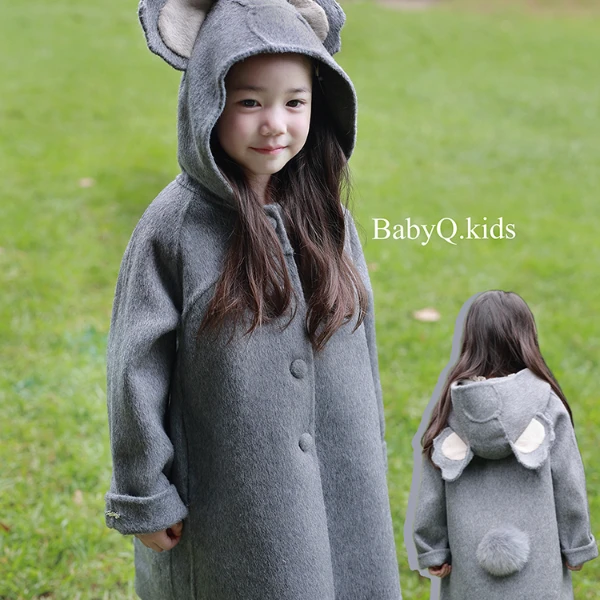 BabyQ Lovely考拉100羊毛原创设计新款气质可爱灰色羊毛大衣外套
