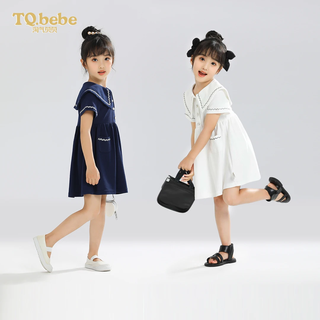 淘气贝贝女童短袖连衣裙2024夏季新款小女孩学院风娃娃领裙子儿童