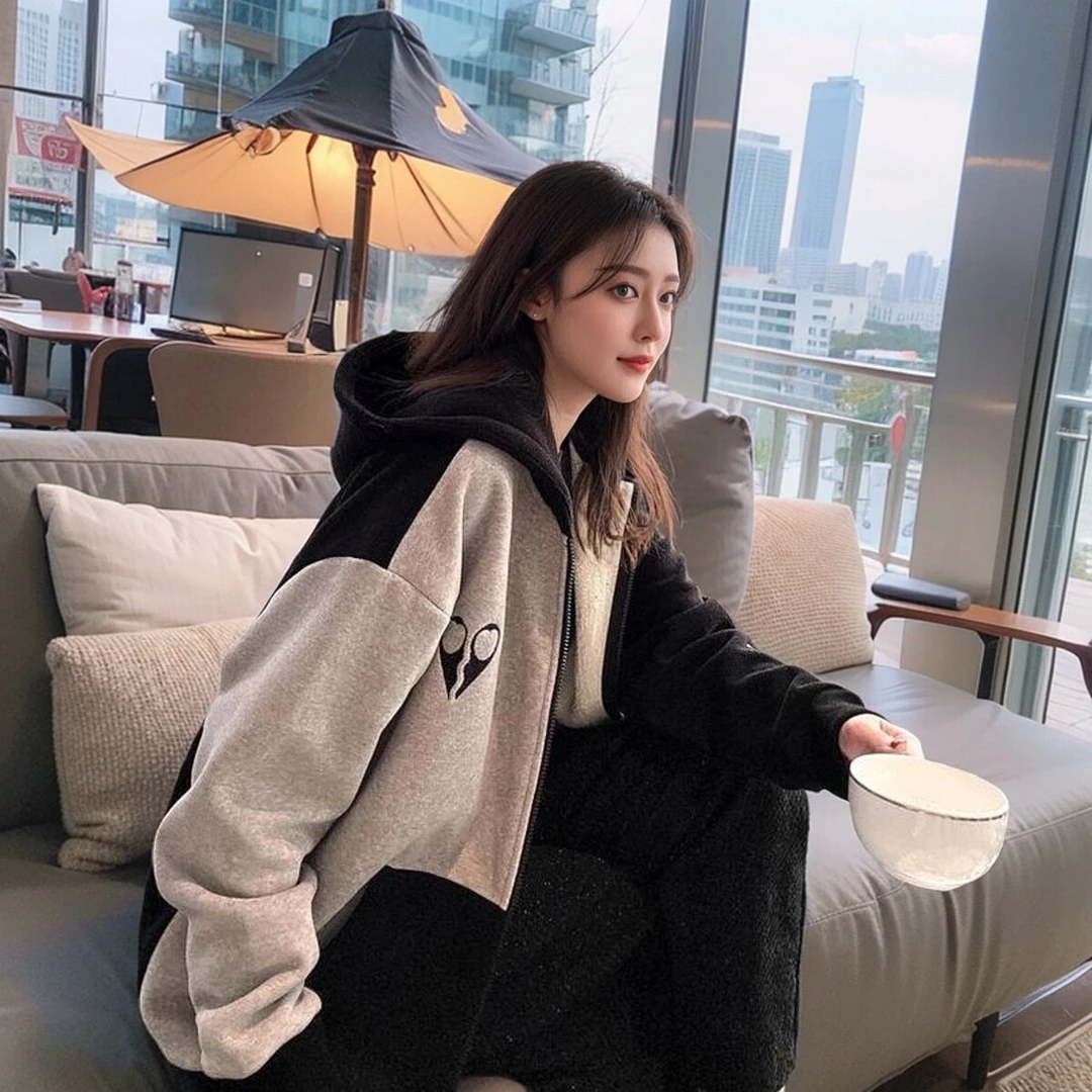 加绒【浪漫程式化】时尚开衫卫衣宽松慵懒百搭秋冬韩版连帽休闲