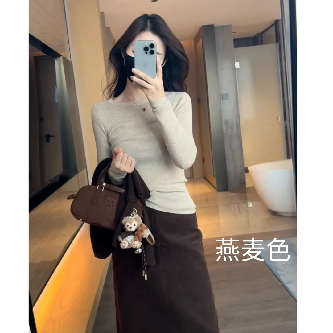 2024秋冬新款修身显瘦气质圆领毛针织衫长袖内搭打底上衣女