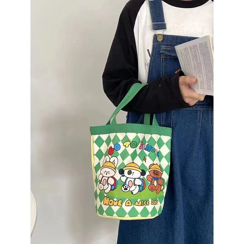 粉色少女心妈妈便当袋小拎包上班可爱童趣涂鸦帆布包水桶型手提包