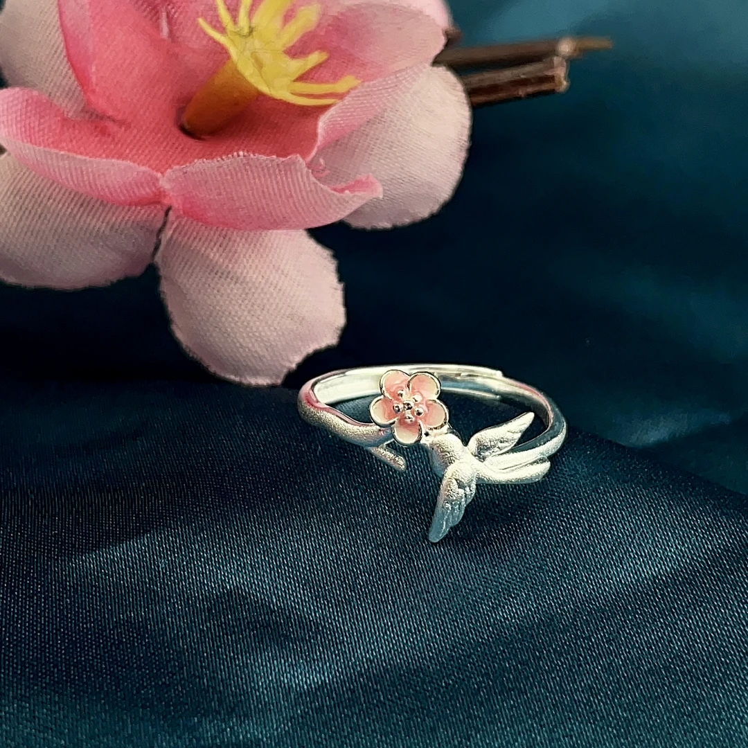 足银戒指 【灵鹊闲花戒指】足银蛇口戒指喜上眉梢系列古风百搭