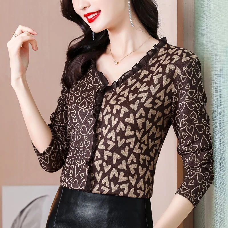 洋气百搭长袖时尚气质修身V领针织印花时尚拼色T恤女潮打底衫显瘦