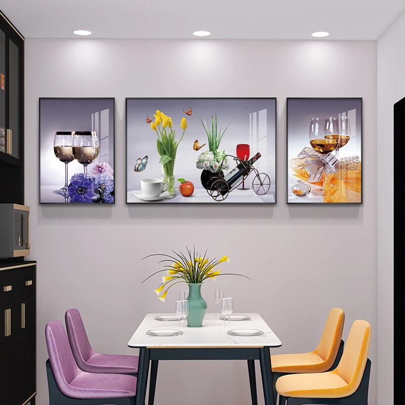 餐桌背景墙壁画餐厅装饰画现代轻奢时尚饭厅三联红酒挂画客厅油画