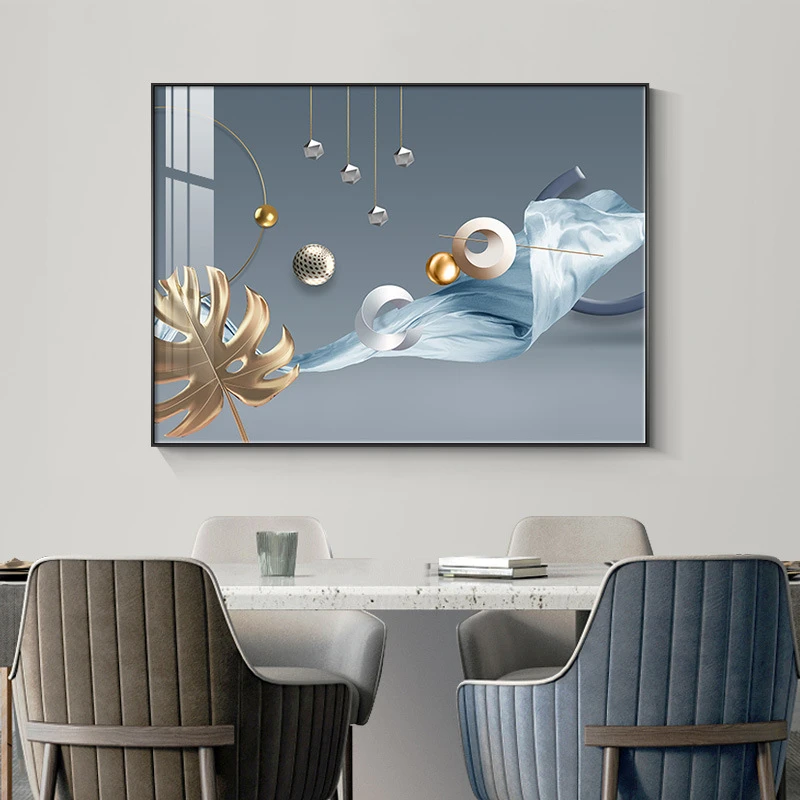 轻奢餐厅装饰画蓝色抽象歺厅挂画现代简约横幅饭厅餐厅晶瓷画壁画