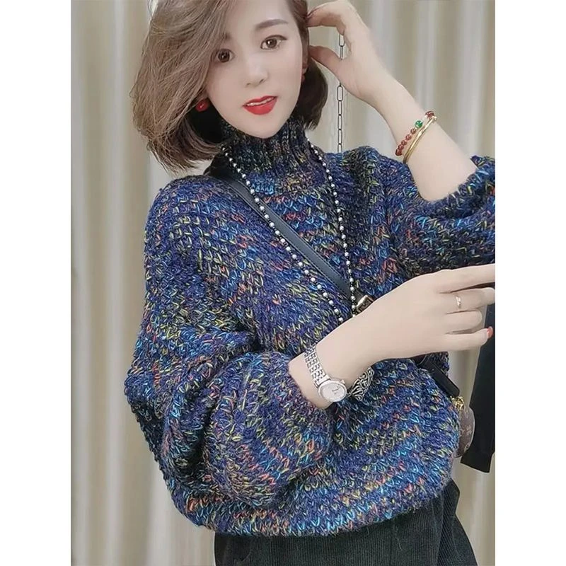 ins网红时髦气质休闲高领花线毛衣女欧洲站2023新款韩版百搭上衣