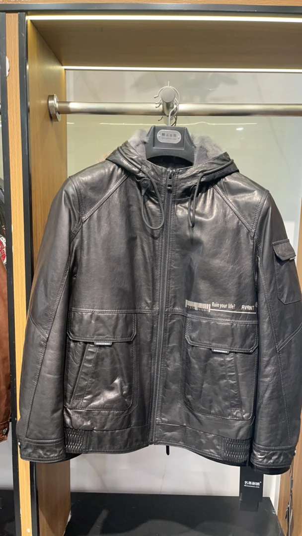 男士真皮皮衣山羊皮连帽款时尚休闲短款外套冬季