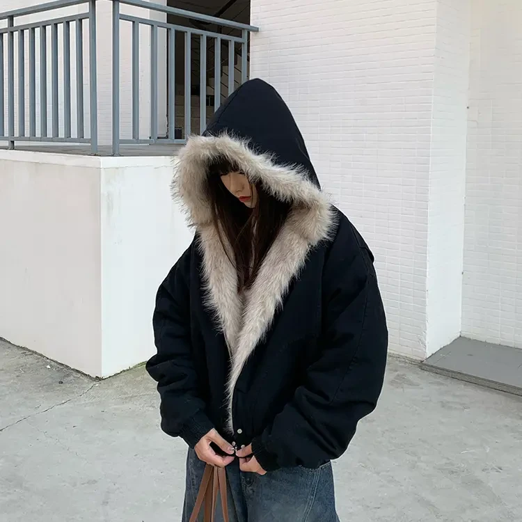 秋冬解构廓形座山雕毛领外套女短款连帽美式派克服冬季加厚棉服男