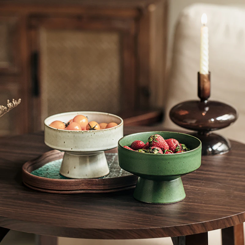 小悠家〖日式手工果盘〗复古粗陶高脚盘怀旧零食点心托盘乔迁果盘