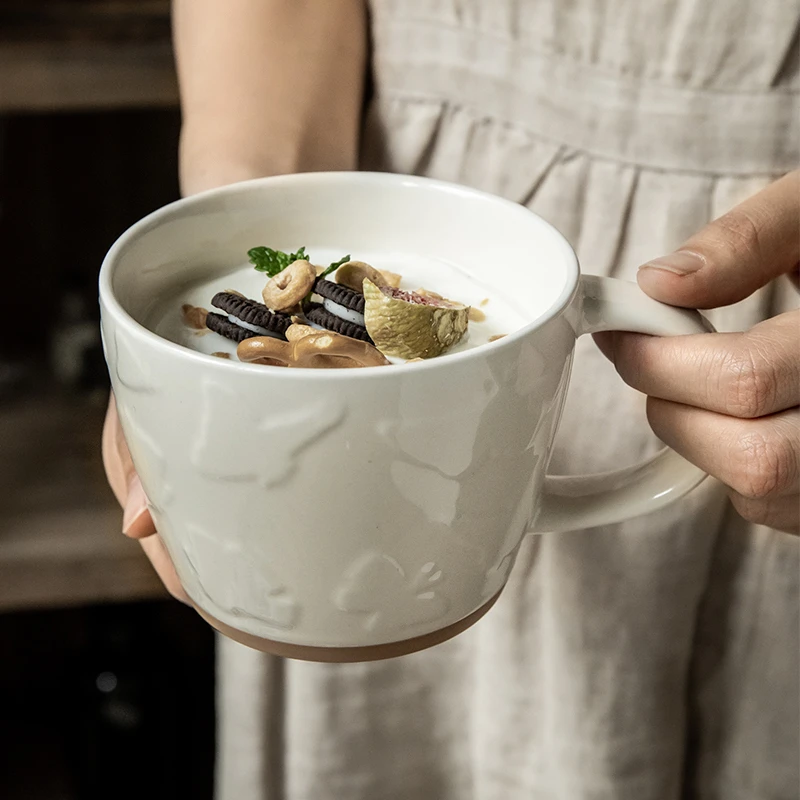 小悠家〖少有款 浮雕蝴蝶杯子〗复古陶瓷早餐杯咖啡杯小众马克杯