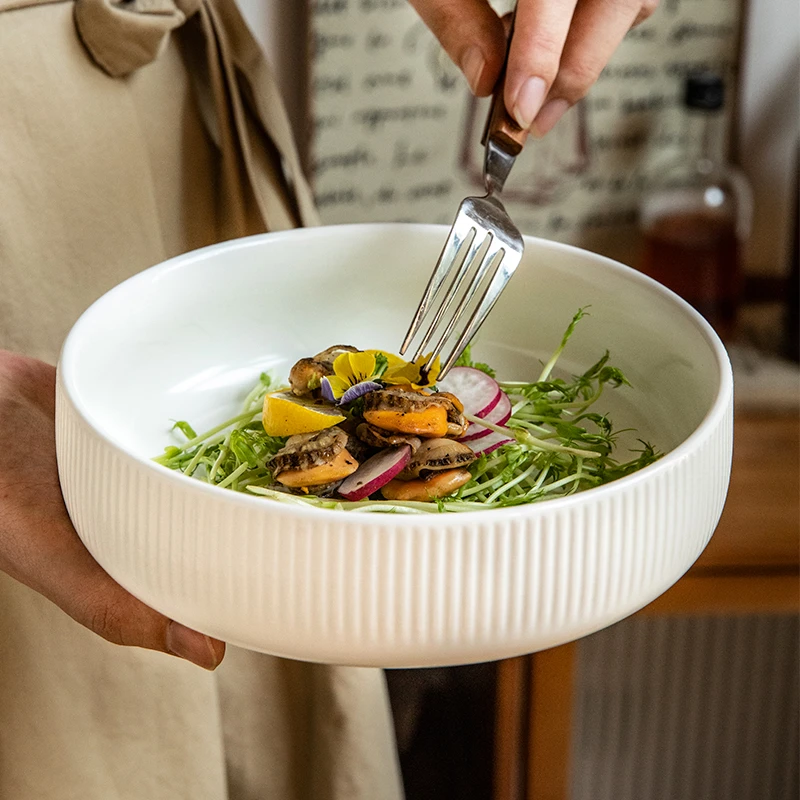 小悠家 迪卡白大号菜碗浅口碗家用陶瓷面碗沙拉碗简约哑光深盘