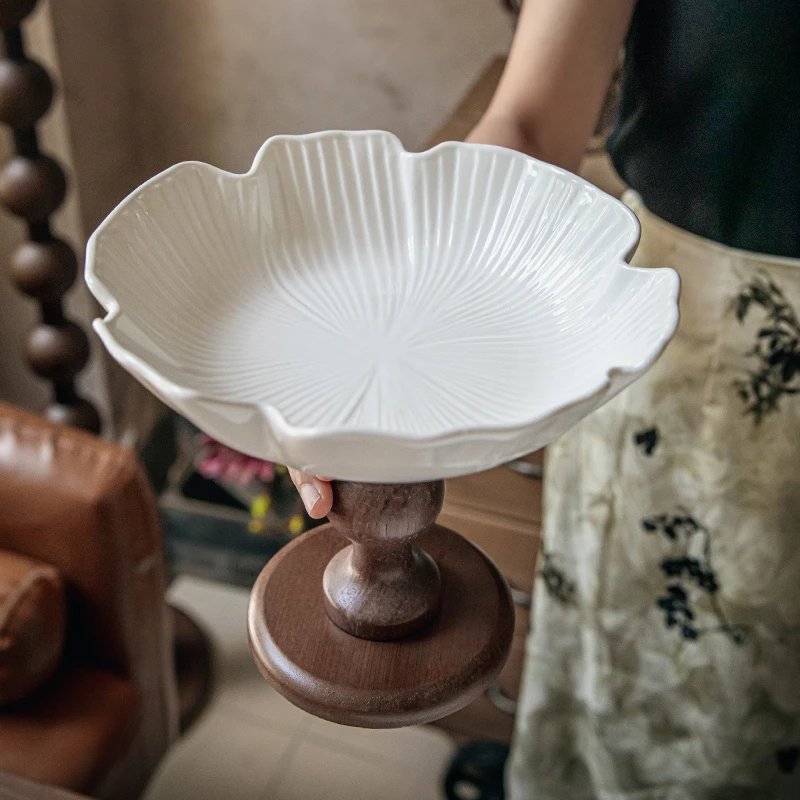 小悠家〖中古高脚果盘〗复古木质水果盘陶瓷零食盘托盘中秋节送礼