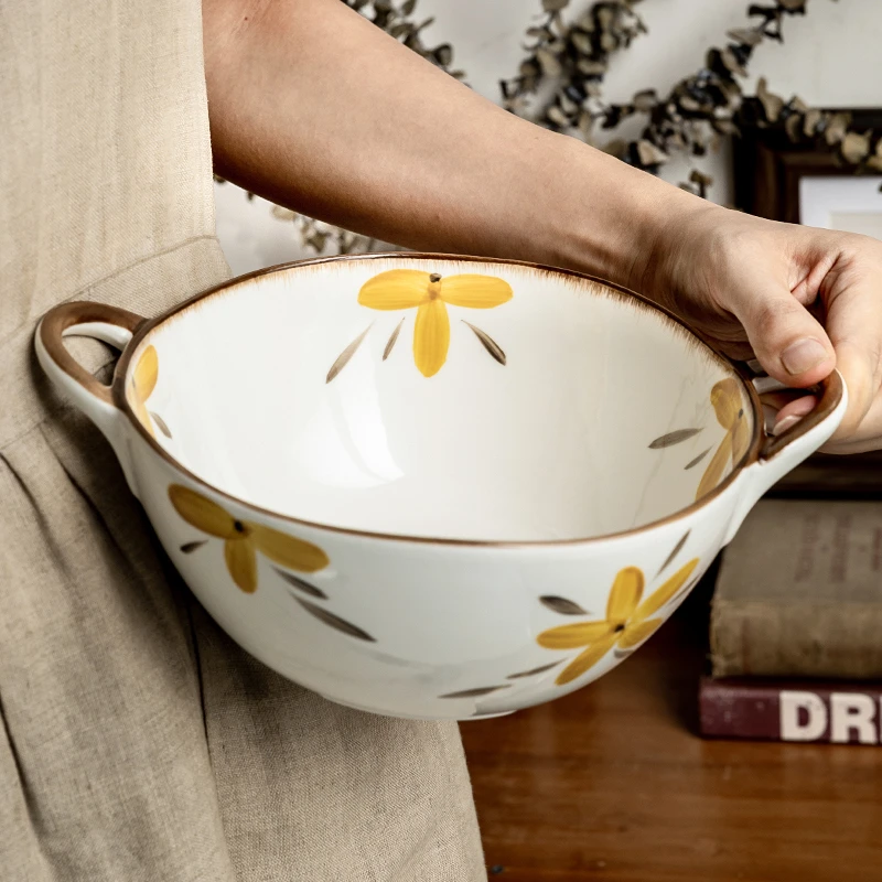 小悠家 不规则花漾汤碗8英寸双耳碗家用陶瓷碗大汤碗大号面条汤盆