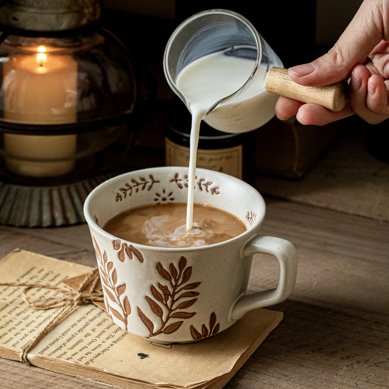 小悠家 豆叶粗陶手绘杯子日式复古马克杯家用陶瓷杯高颜值咖啡杯