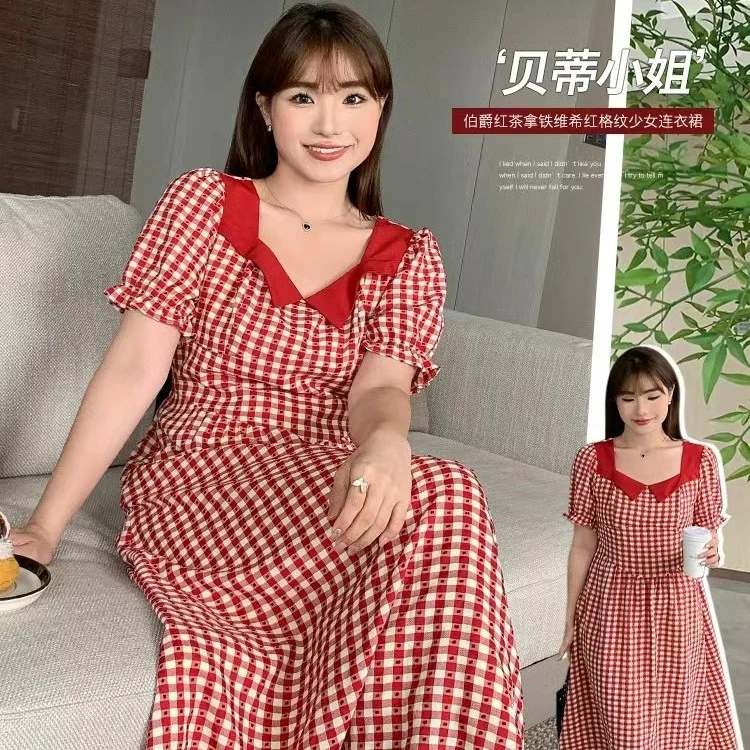 【贝蒂小姐】大码法式小众方领格子韩版女新款夏季胖mm遮肚显瘦裙