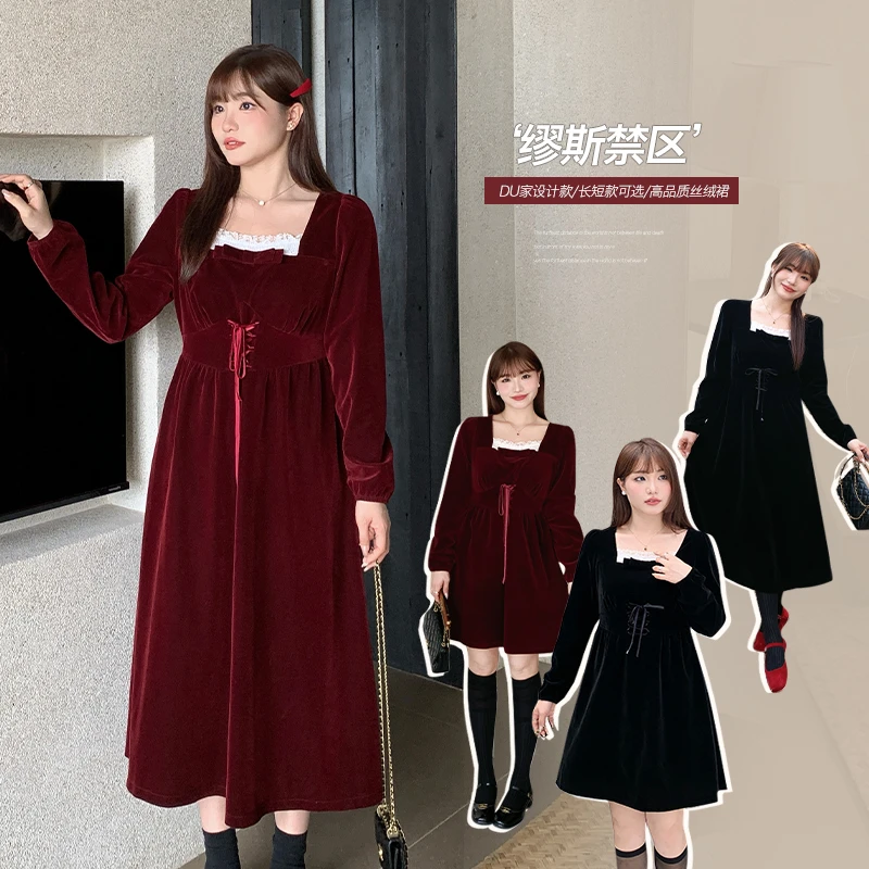 【缪斯禁区】秋冬新款方领丝绒复古连衣裙大码女装显瘦蕾丝收腰裙子