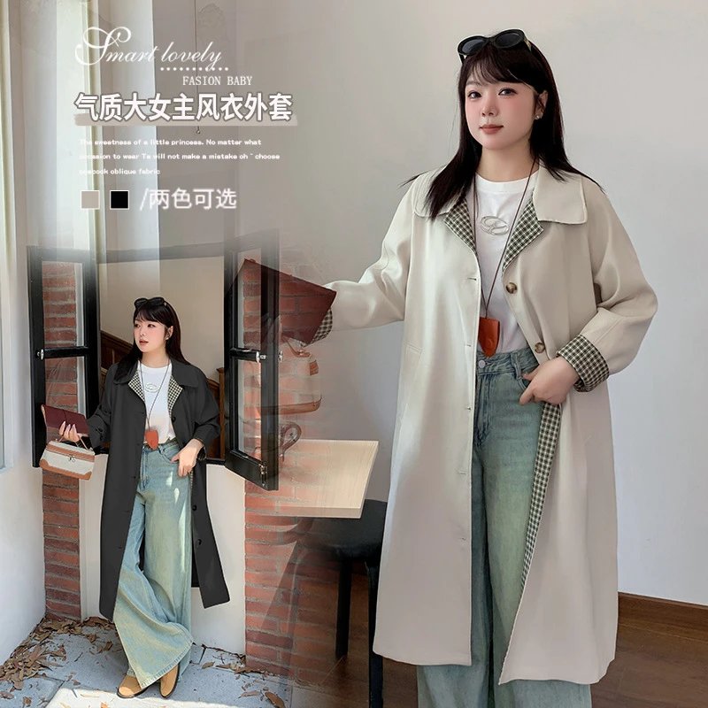 【风衣外套】格纹百搭秋冬新款大码女装胖mm宽松休闲气质长款大衣