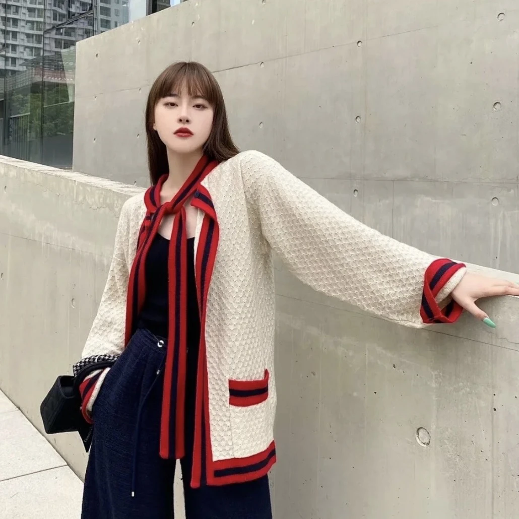 9616/GUCCI米白色蝴蝶领结条纹边饰长袖针织外套/S码/99新