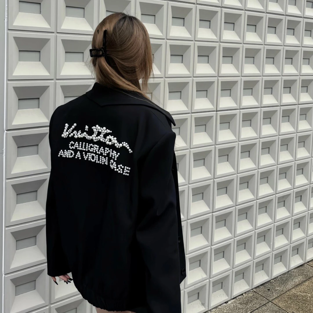 9203/LOUIS VUITTON FW23 黑色Logo珠饰羊毛外套/50码/全新全套