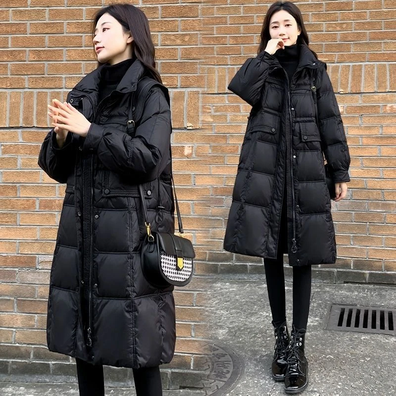 波司澄2023新款羽绒服女中长款修身收腰海军立领黑色棉衣百搭加厚
