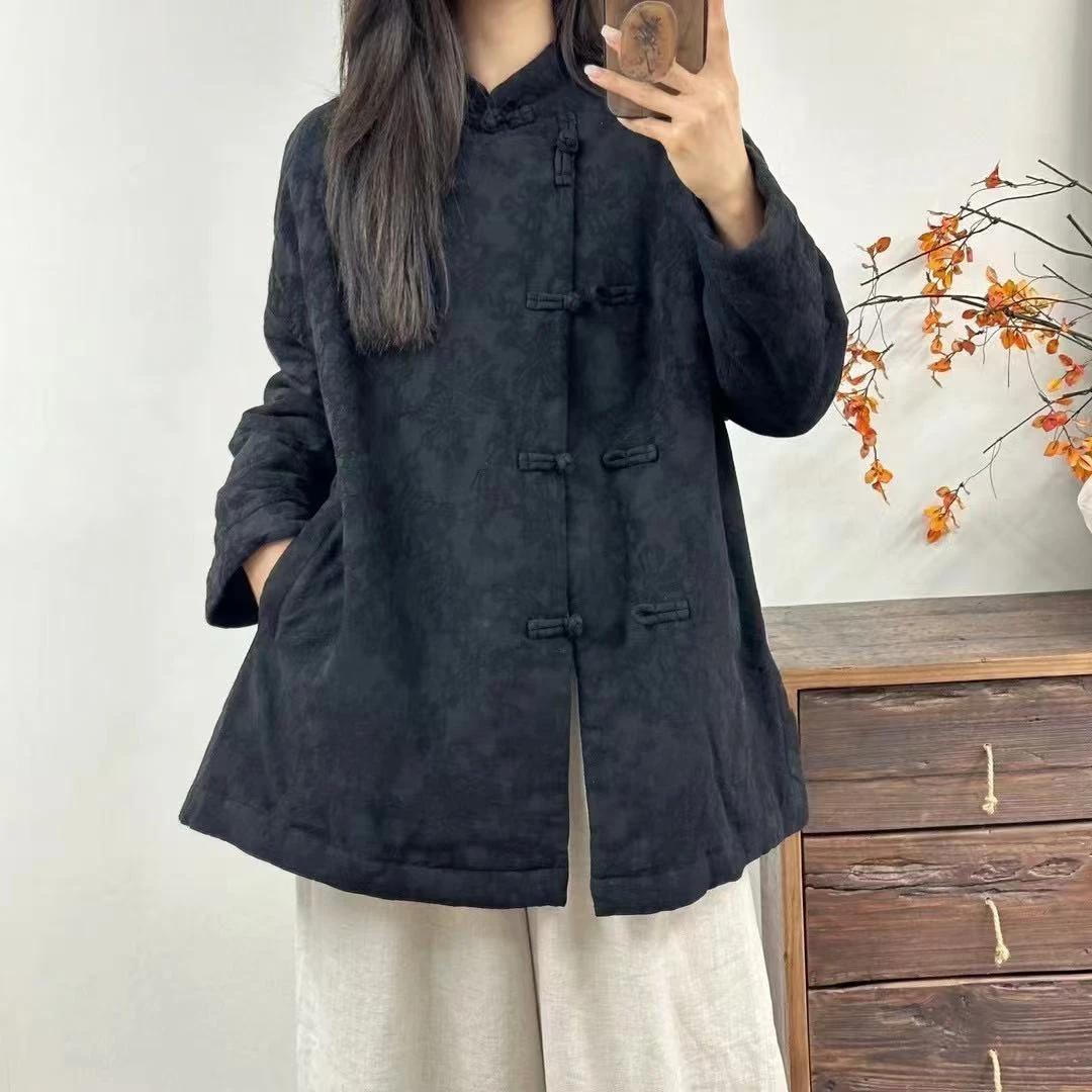 【见素】冬季新款新中式亚麻盘口提花棉服中长款