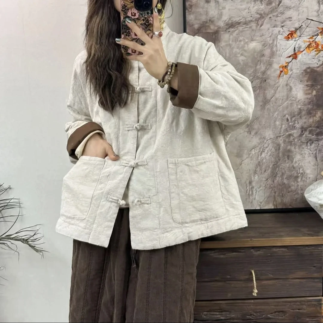 【见素】新中式复古立领盘扣棉衣亚麻炒色提花夹棉外套棉服女