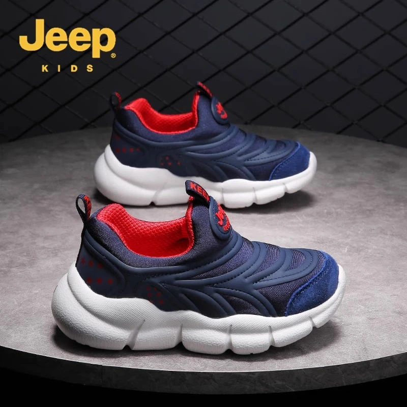 jeep儿童毛毛虫鞋男童运动鞋春秋季2025新款网面透气一脚蹬男童鞋