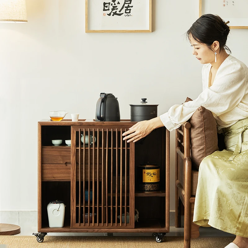 新中式实木移动茶水柜黑胡桃木茶水台茶边柜茶室烧水壶一体柜茶柜