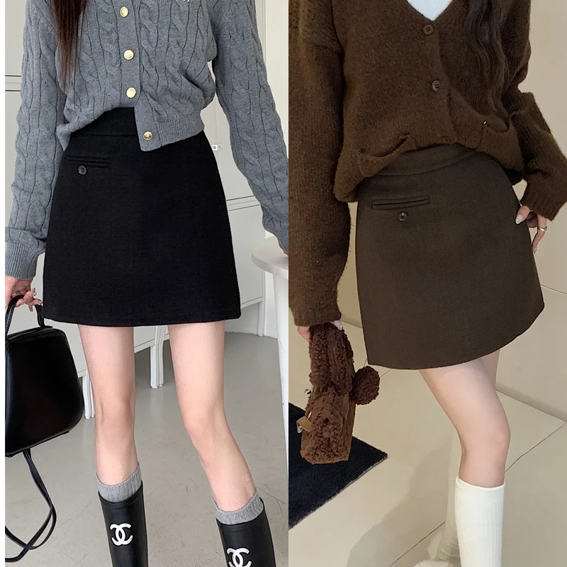 一粒扣极简风秋冬高腰百搭显瘦毛呢短裙带里衬休闲包臀半身裙