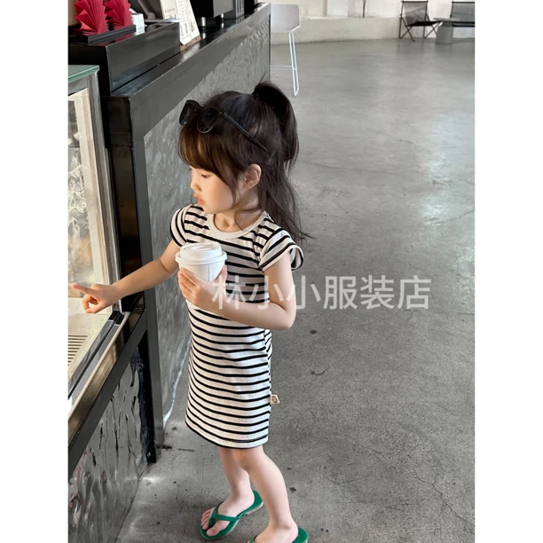 韩版童装女童夏季新款时髦洋气条纹连衣裙儿童短袖宝宝裙子薄款女