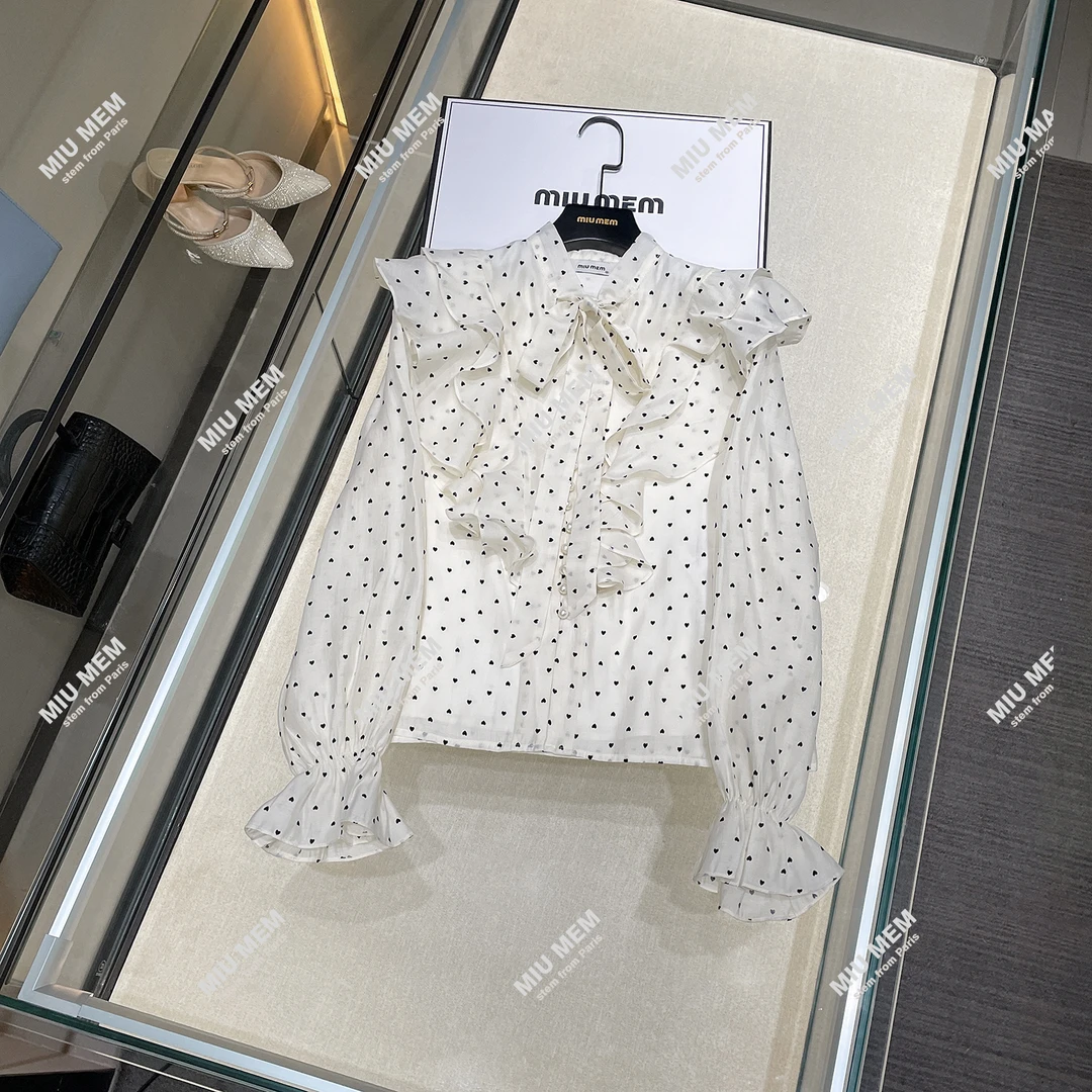 现货轻奢高端25新款秋冬波点白色荷叶领韩版衬衫上衣DY5310