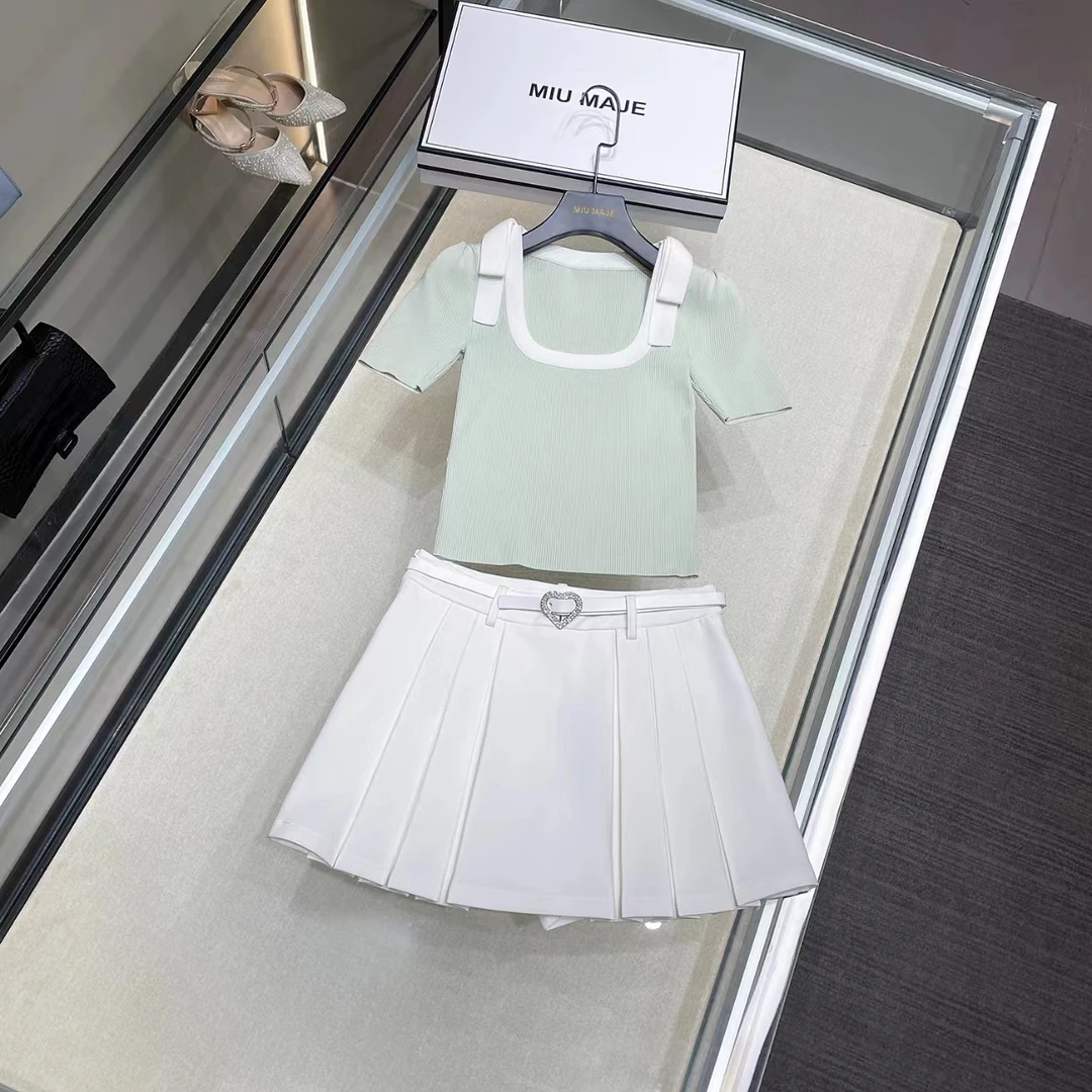 【寒水月】夏季时尚休闲百搭蝴蝶结系带设计气质针织短袖上衣DY4276