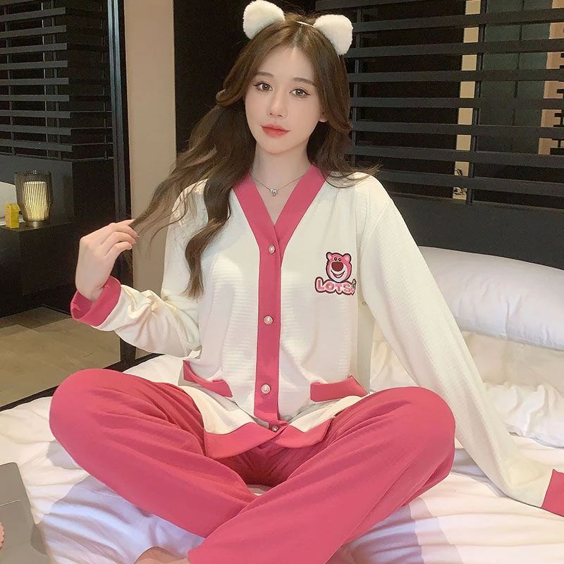 睡衣女士春秋薄款ins网红卡通韩版棉质华夫格春夏家居服长袖套装