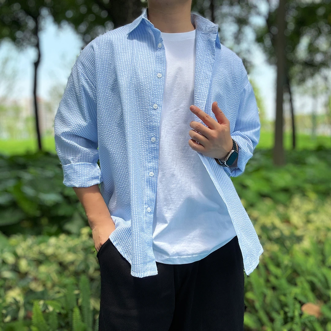 陆星家【海洋之谜】泡泡纱夏季男士条纹衬衫轻奢痞帅男装宽松C032