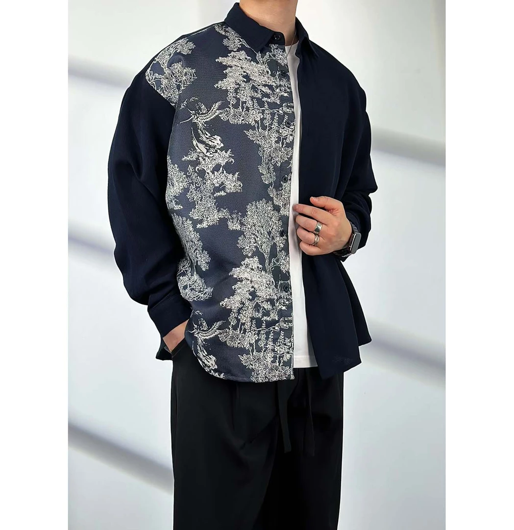 陆星家【国风梧桐】秋冬新款拼接绅士衬衫长袖男士休闲复古宽松C085