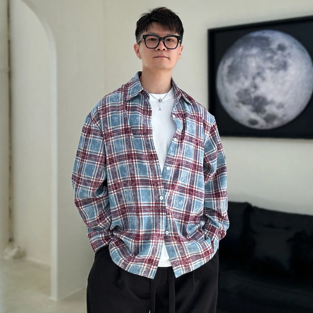 陆星家【复古红蓝格】秋季美式磨毛格子高级感外套宽松长袖衬衫C211