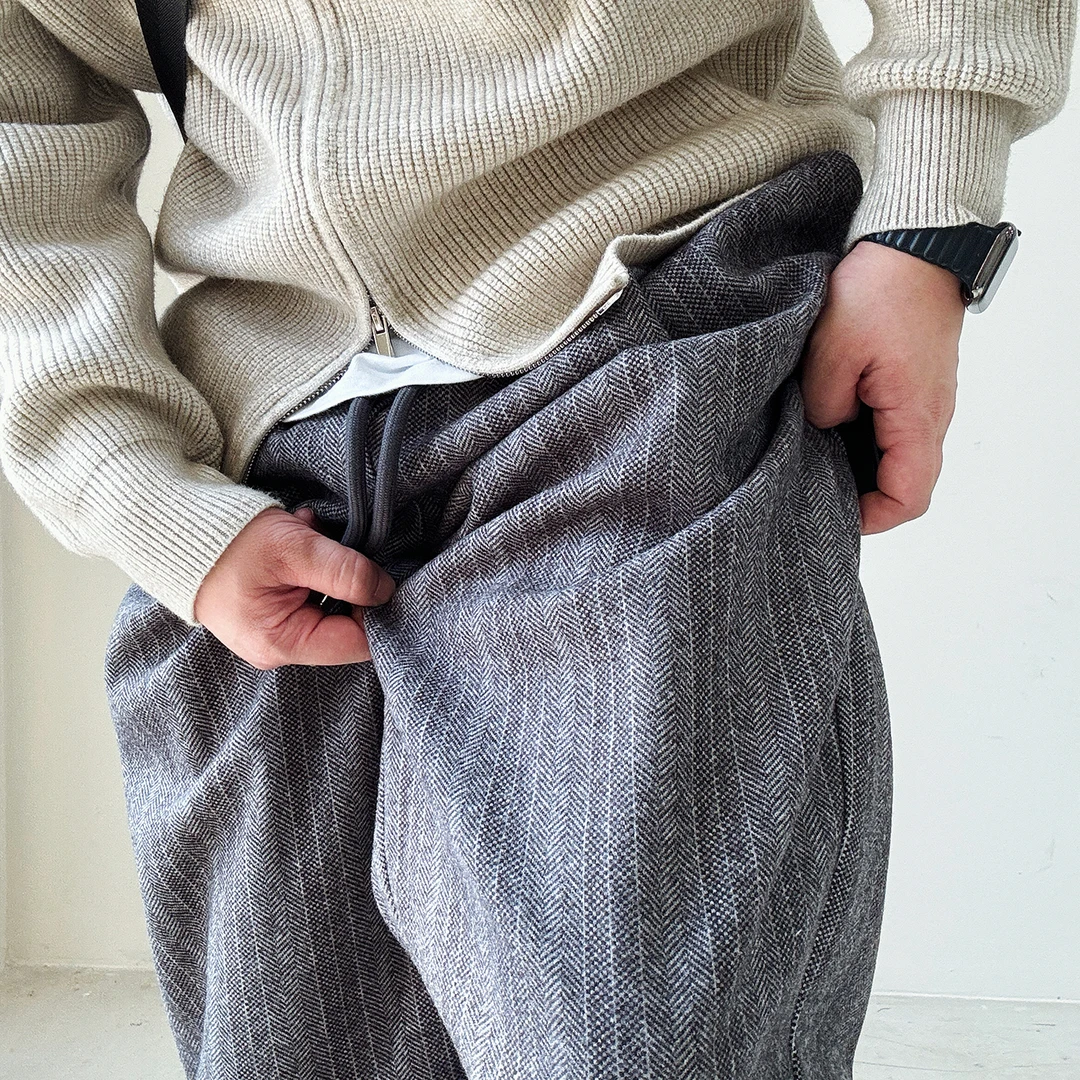 陆星家【重磅毛呢裤】秋冬男士加厚保暖裤子人字纹宽松休闲直筒K18