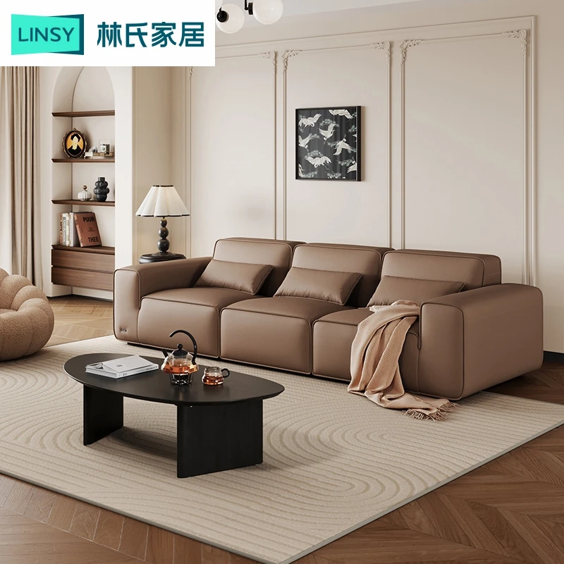 林氏家居复古风大黑牛真皮沙发客厅豆腐块直排家具林氏木业PS889