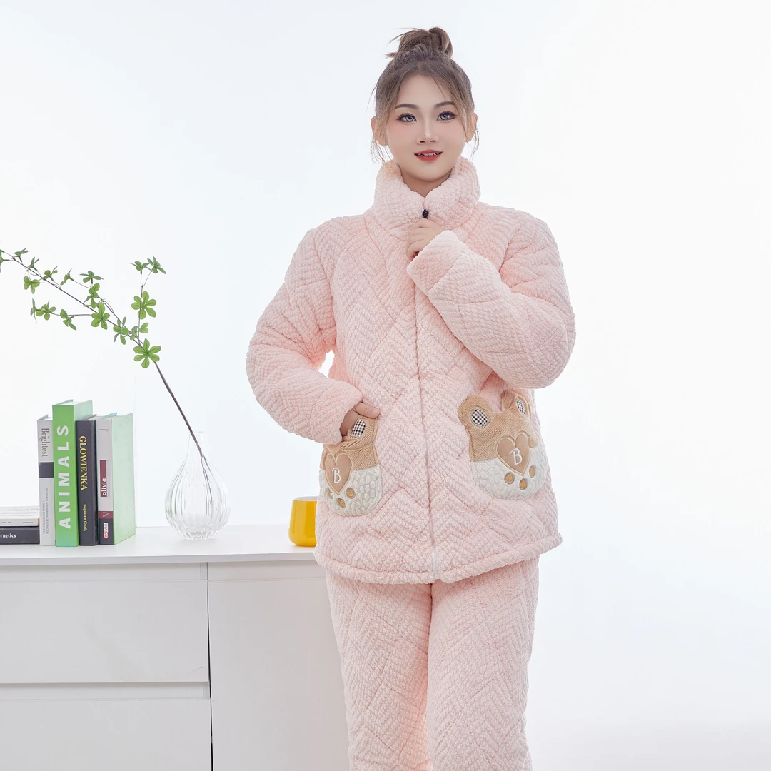 冬款女士7120夹棉睡衣时尚三层夹棉加厚舒适家居服套装加绒保暖
