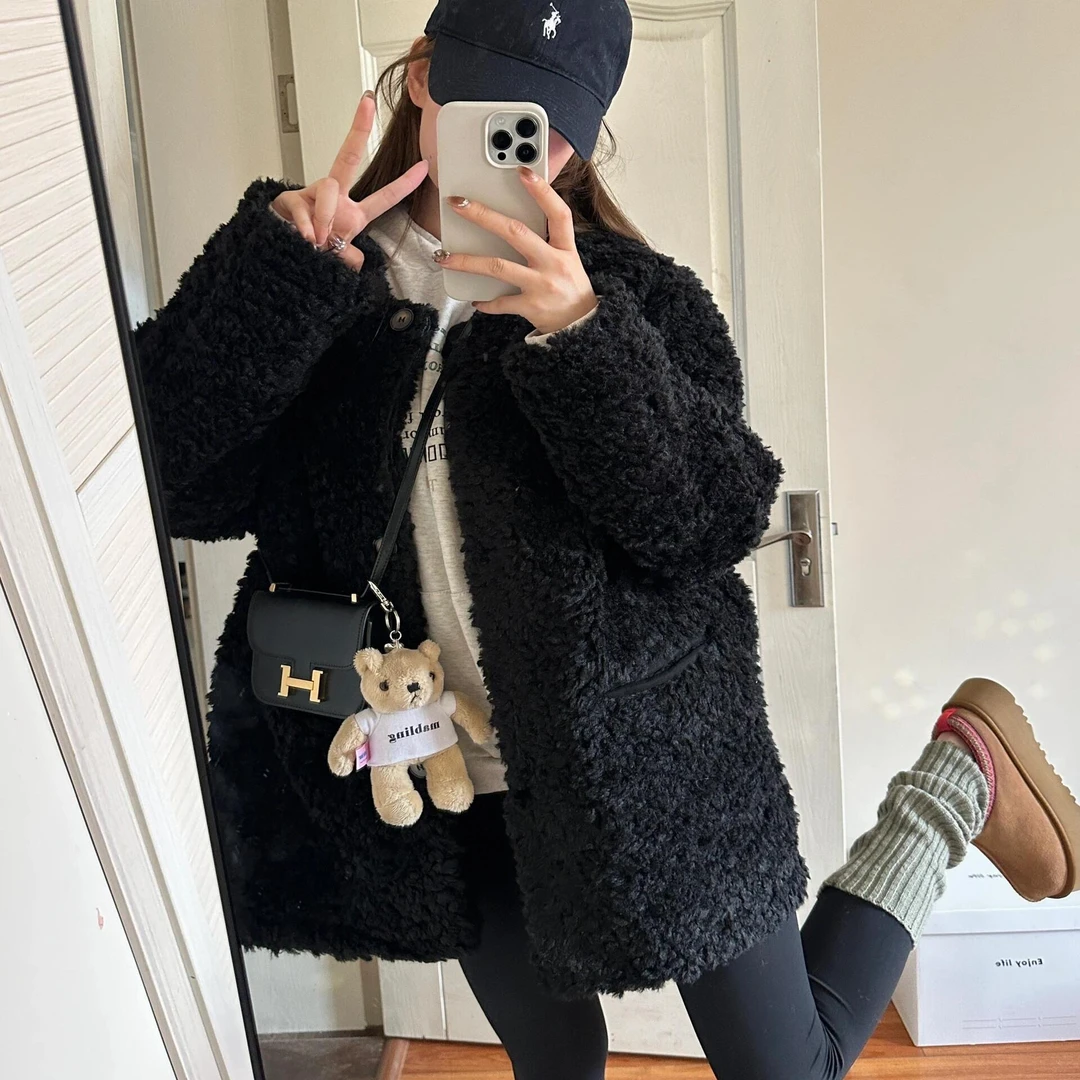 环保毛毛外套女中长款小个子宽松百搭黑色毛绒绒皮毛一体大衣加厚