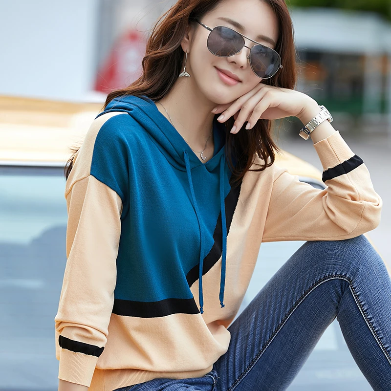薄款针织卫衣女士上衣长袖时尚连帽修身撞色拼接洋气休闲套头女装
