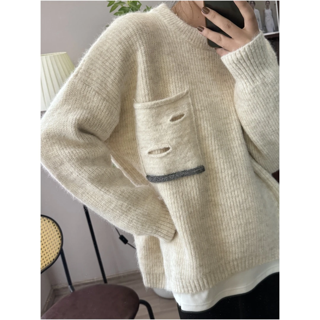 「芊芊家」绵羊毛口袋毛衣 慵懒风破坏感软糯套头上衣Q0252