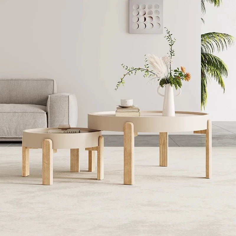 原木奶油风茶几现代简约客厅轻奢极简烤漆大小圆组合侘寂风置物架