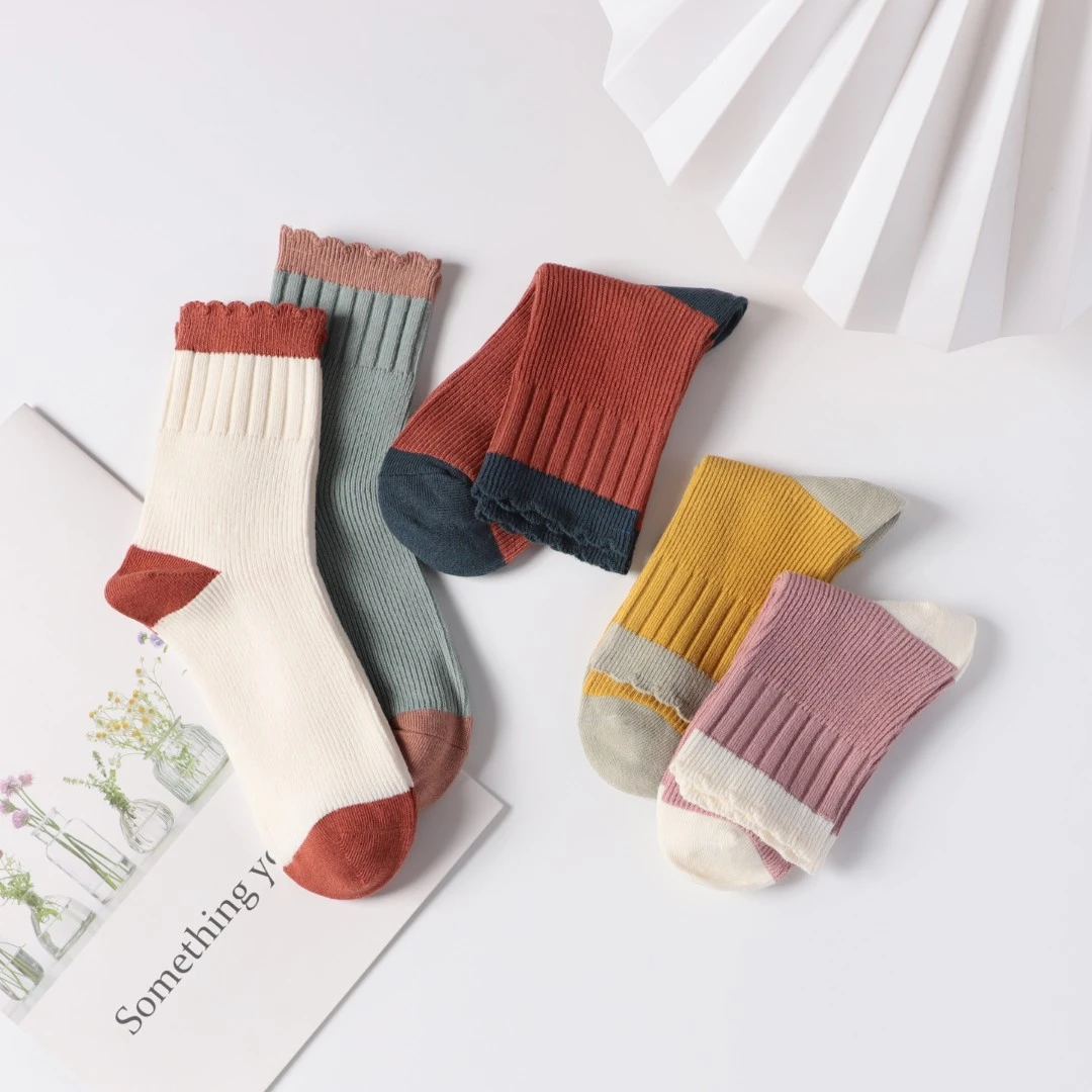 女士秋冬款中筒花边棉袜5/10双 小清新高筒花边双针短袜子VH-65