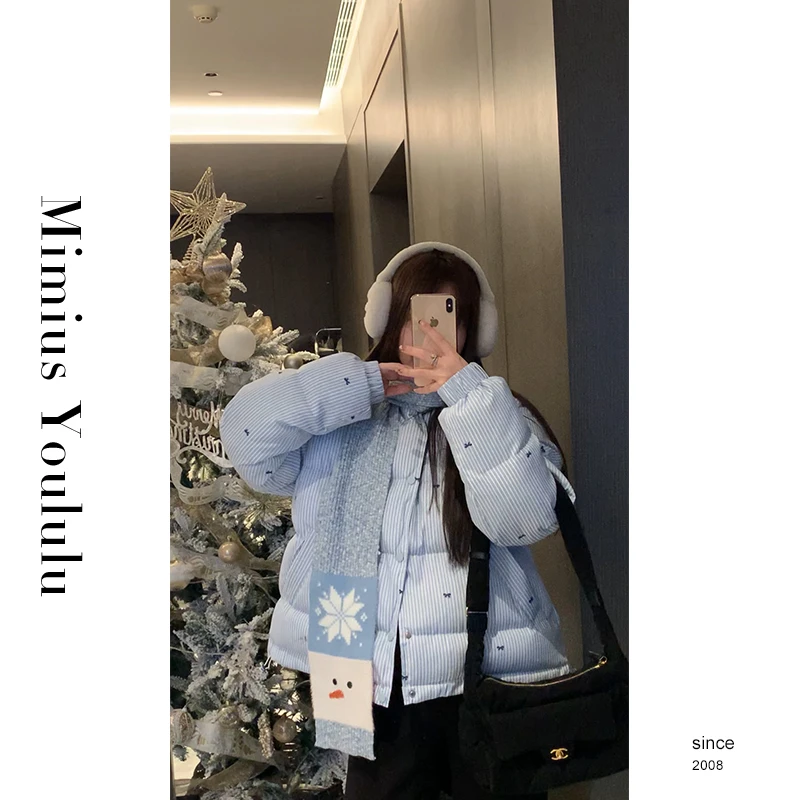 【mimius】七七 韩系条纹蝴蝶结加厚棉服外套 F11088