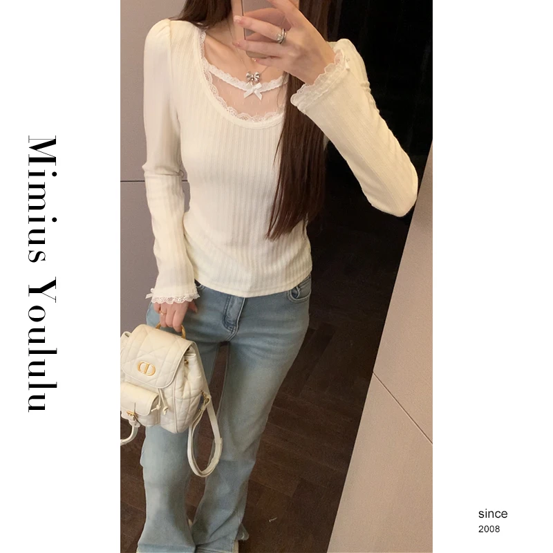 【mimius】七七 栀子白茶～冬装上新法式蕾丝花边打底衫 F10145