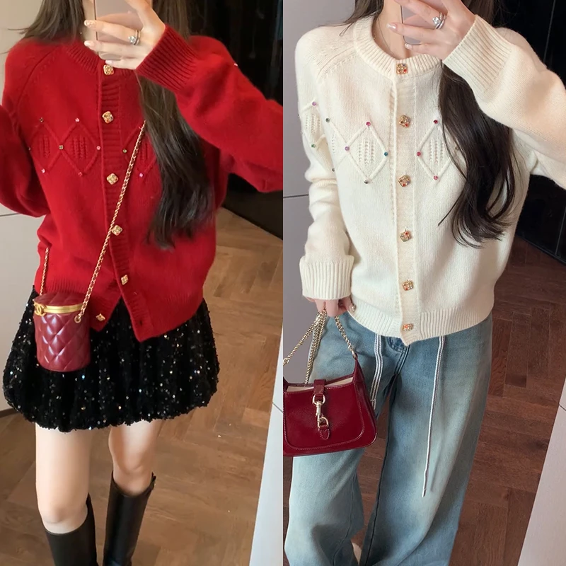 【mimius】B游鹿鹿 重工精致彩钻菱格设计感圆领针织衫汉服 WF11139